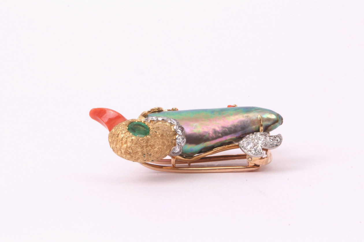 Broche Vintage Canard – Bronze Doré Et Strass – Excellent État – Bijou Ancien Unisexe – Sans Marque
