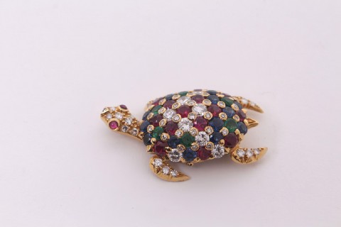 Broche Tortue Vintage - Carapace Cloisonnée Rouge Et Noir Avec Strass Blancs - Fond Doré