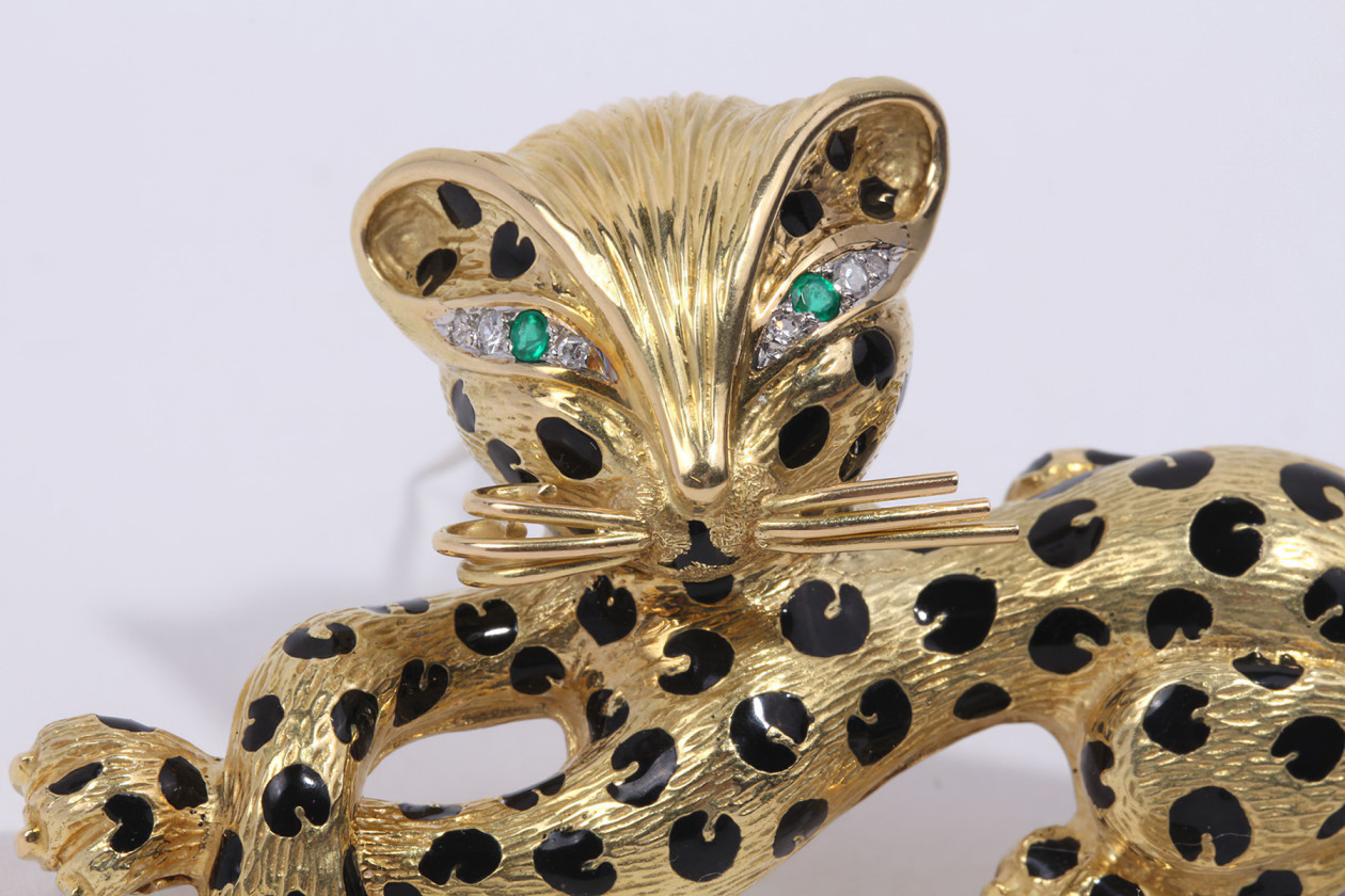 Ancienne Broche Panthère Articulée en Métal Doré & Strass Bijoux Années