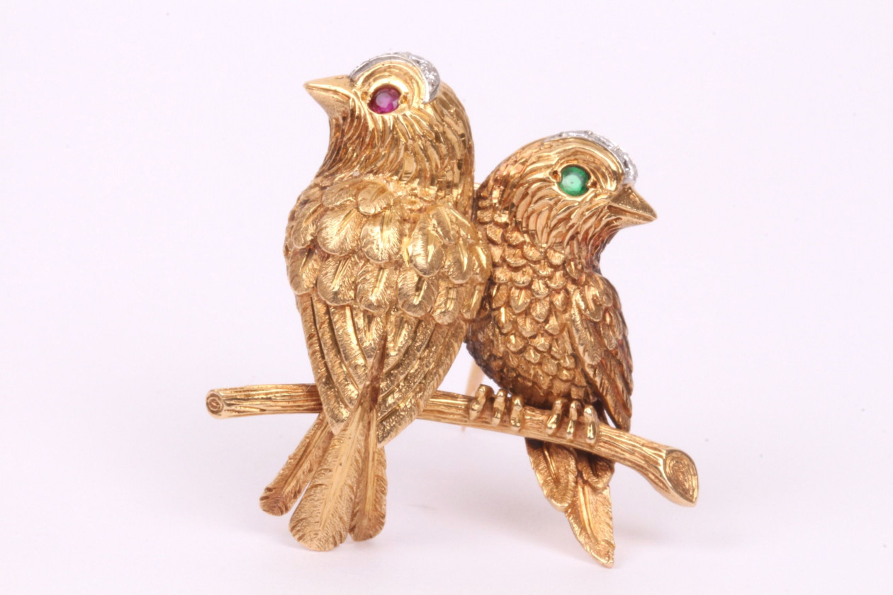 Broche Ancienne Signée 'Orlan' - Motif Couple De Perroquets - Occasion