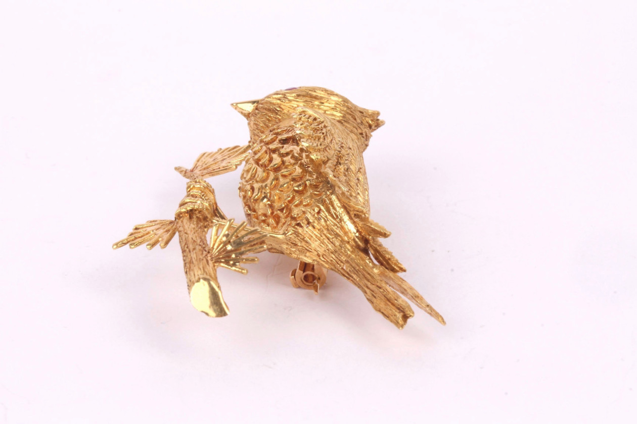 Broche Vintage éventail Articulé Couleur Or Avec Décoration Oiseaux - Parfait état Vintage
